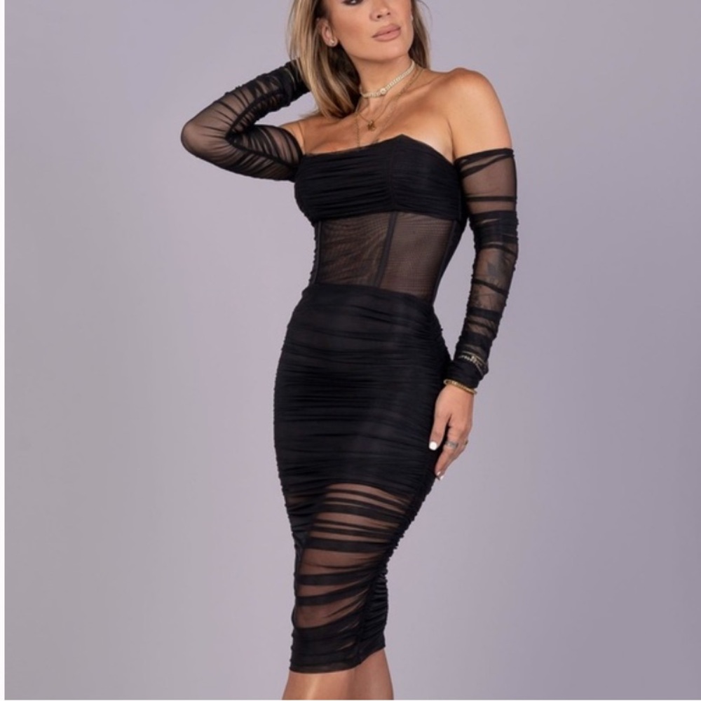 By Egreis Azia Black Ruched Mesh Corset Bodycon Midi Dress XL